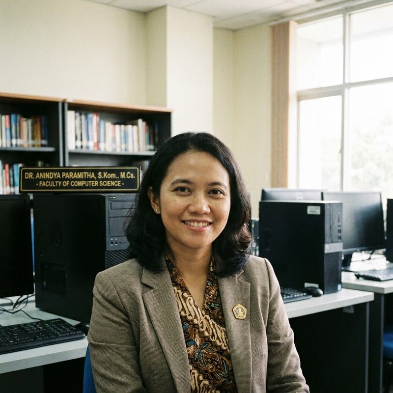 Potret Dr. Anindya Paramitha, S.Kom., M.Cs. di ruang laboratorium komputer.
