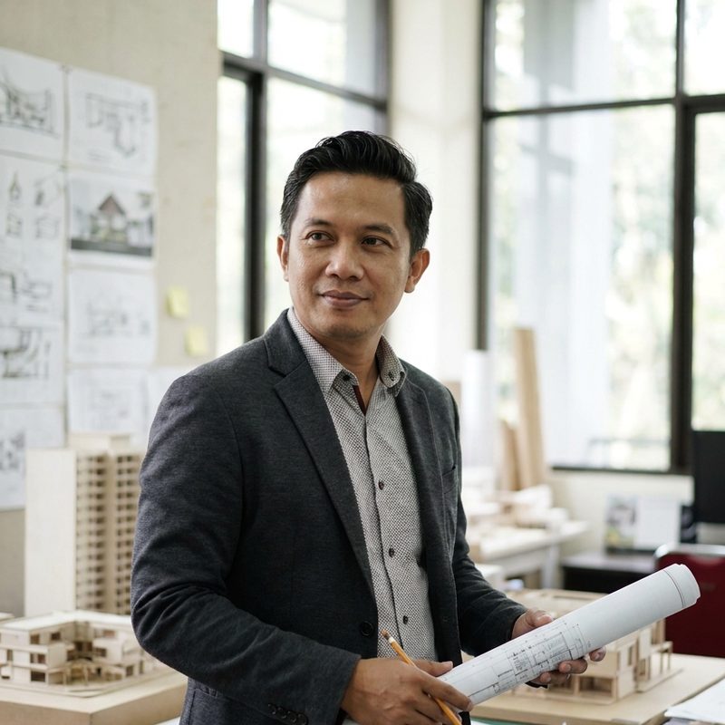 Potret Dr. Farid Nugroho, S.T., M.Ars. di studio arsitektur dengan maket bangunan.